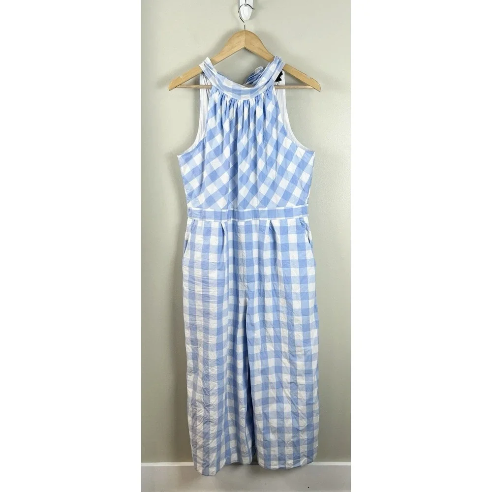J Crew‎ Gingham Jumpsuit Sleeveless Sz 14 Pockets Cotton Lined Coastal Beach Bow